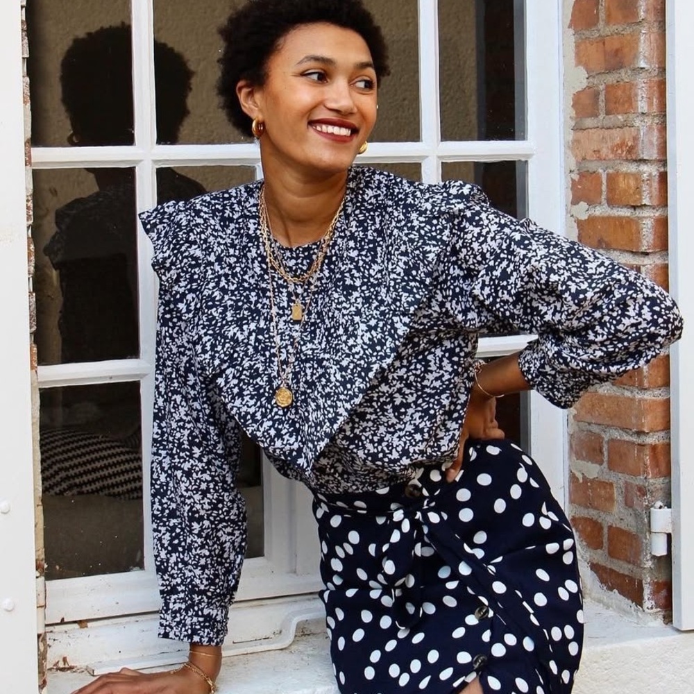 MIRTH Farrar Blouse Blue Block Print Handmade Edition Lightweight Size Medium